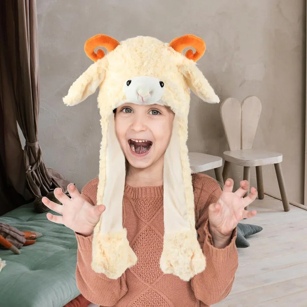Kids Lamb Animal Hat with Ears Moving Jumping Pop Up Beating Plush Holiday